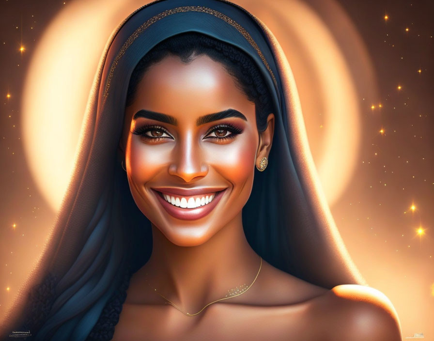 Smiling woman digital portrait with glowing skin and starry background