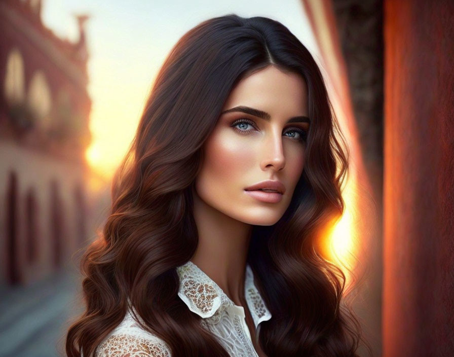 Woman with long wavy brown hair and blue eyes against cityscape background