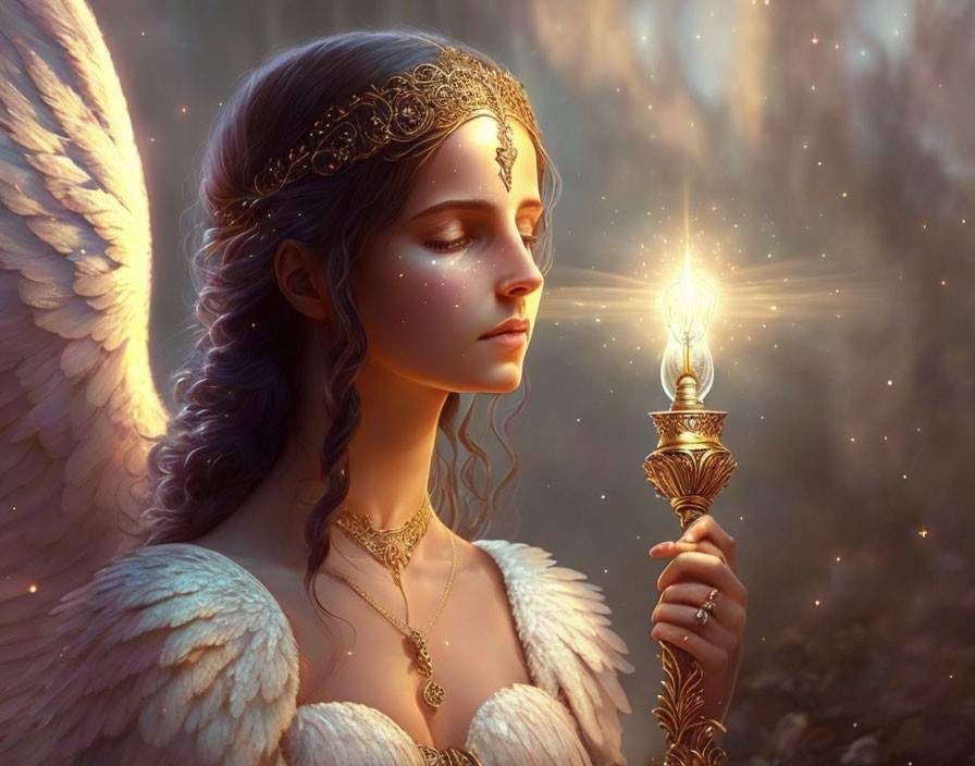 Ethereal winged woman with glowing candle in mystical forest