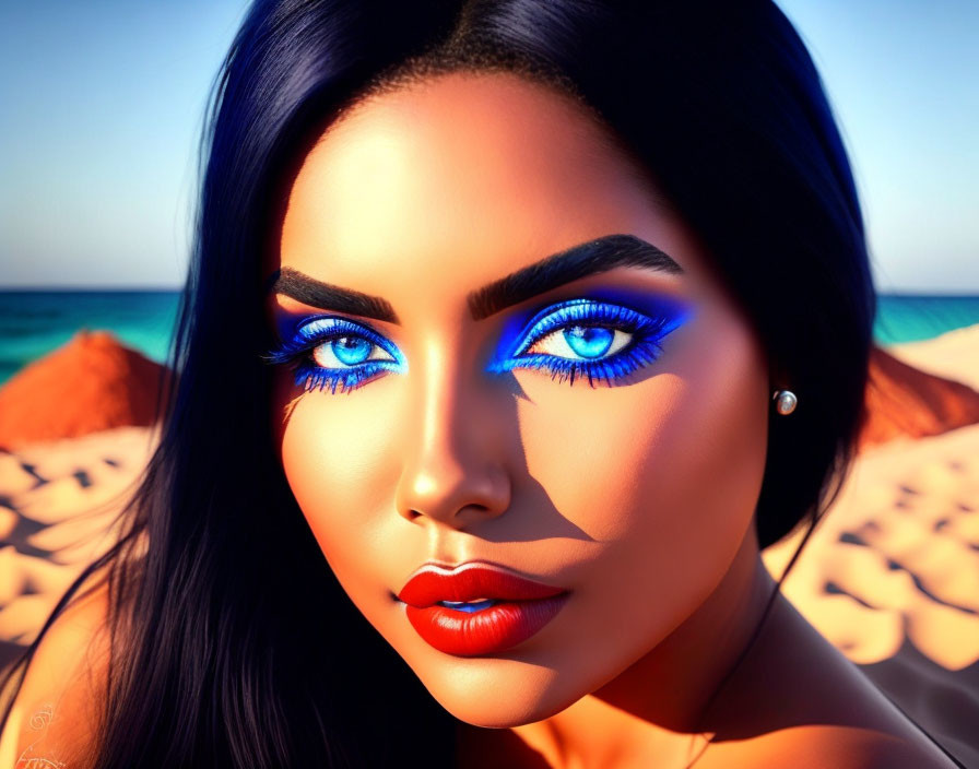 Digital artwork: Woman with blue eye makeup on beach