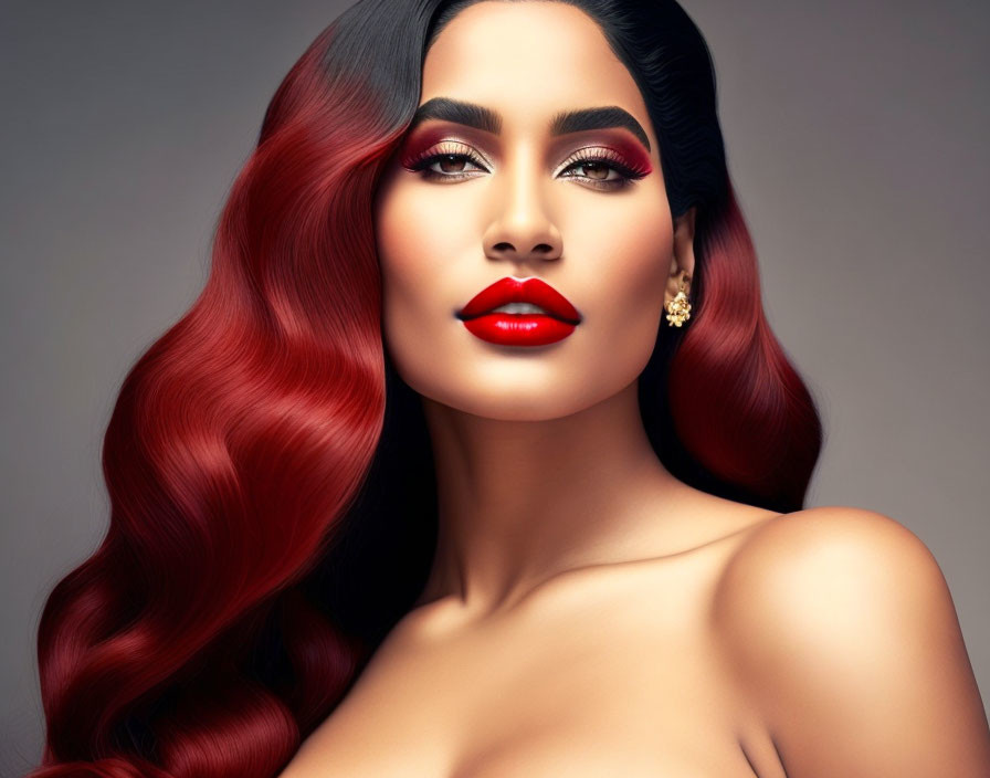 Elegant woman with red ombre hair and bold lipstick posing on neutral background