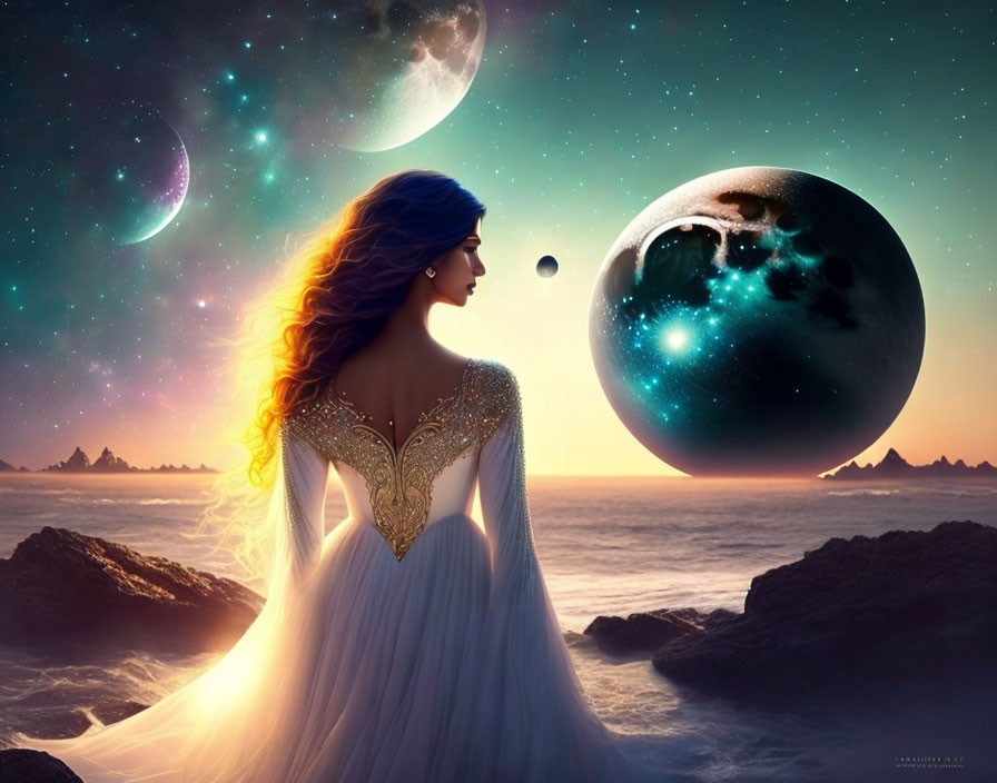 Woman in flowing gown gazes at surreal cosmic seascape