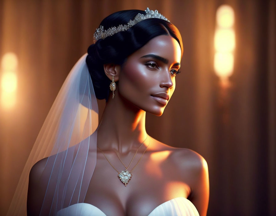 Bride in white dress with heart-shaped neckline and tiara under warm glow