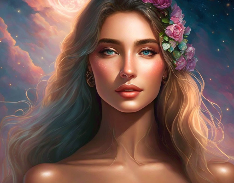 Illustration: Woman with Blue Ombré Hair, Floral Headband, Golden Earrings, Twilight