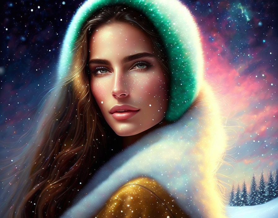 Digital art portrait of woman in fur hood against starry night sky and snowflakes