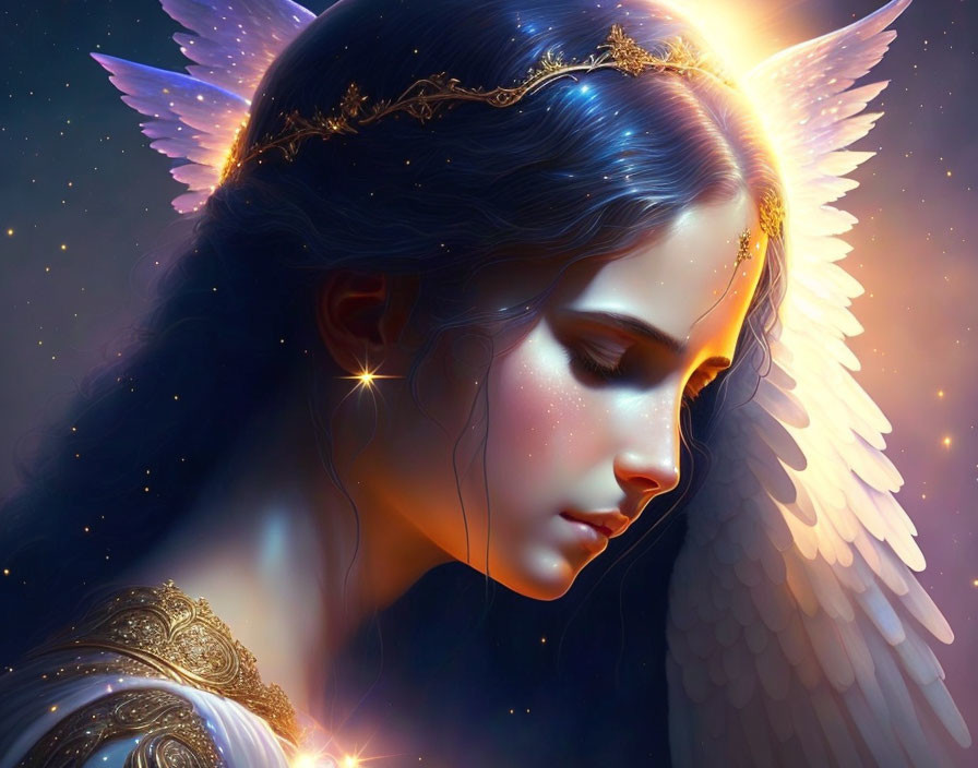 Luminous winged angel in elegant attire against night sky