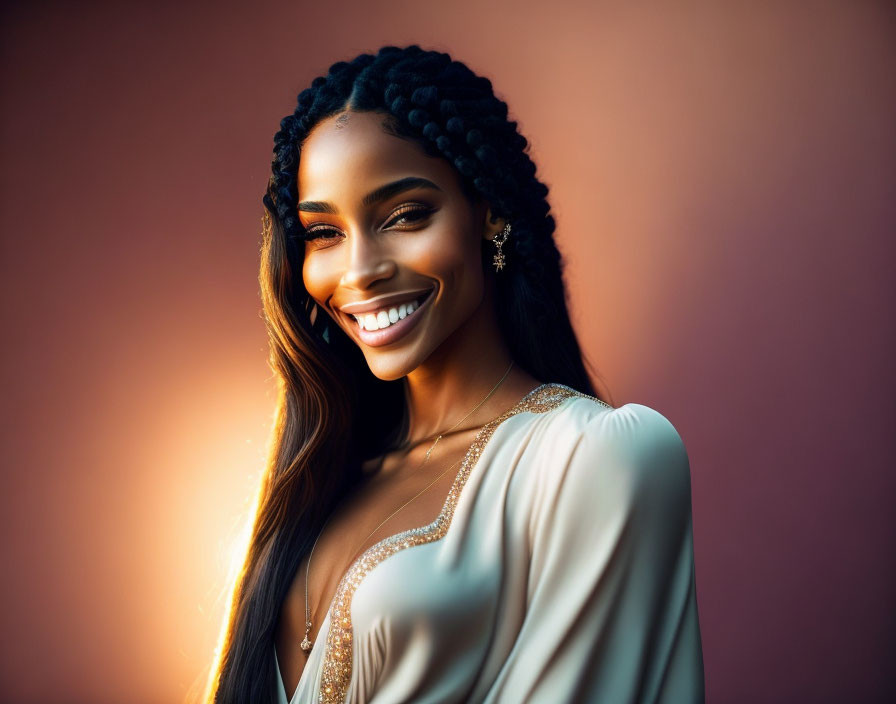 Radiant woman with bright smile in beige dress under warm light