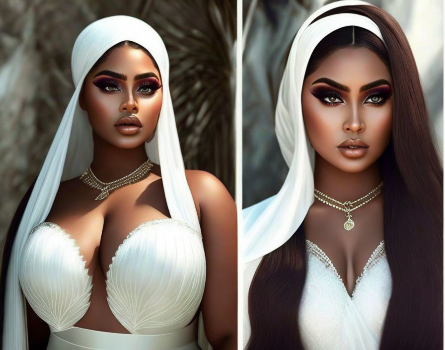 Stylized images of woman with dramatic makeup and headscarf