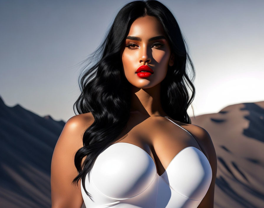 Dark-haired woman in white outfit against desert backdrop