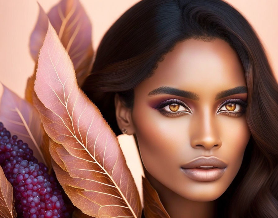 Close-Up Portrait of Woman with Striking Makeup Among Autumn Leaves and Berries