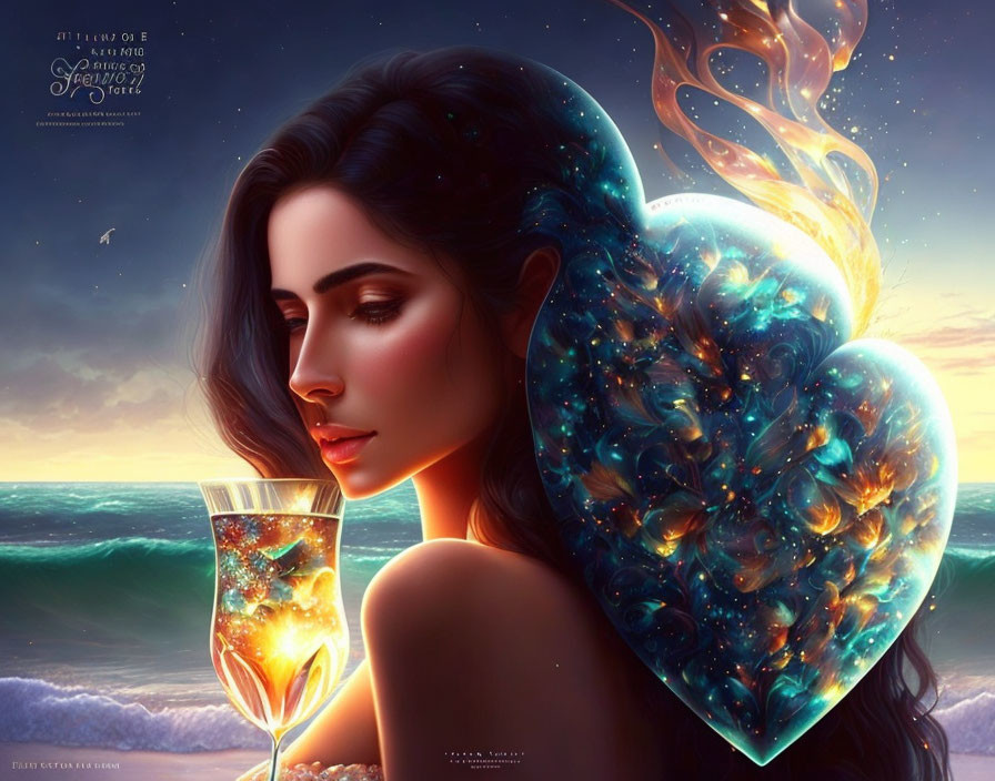 Dark-haired woman beside heart-shaped object and glass against ocean backdrop.