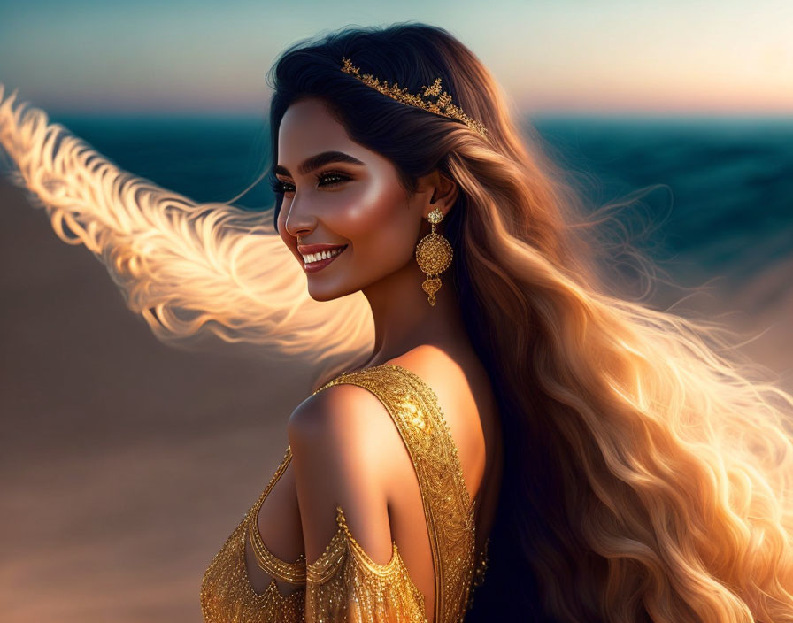 Smiling woman with long hair in golden attire against desert sunset