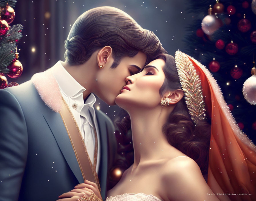 Romantic couple in elegant attire near Christmas tree lights