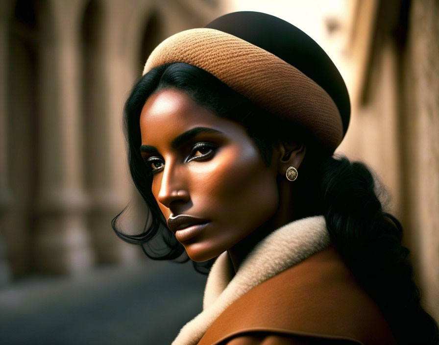 Portrait of woman with dark skin in beige hat and coat under dramatic lighting