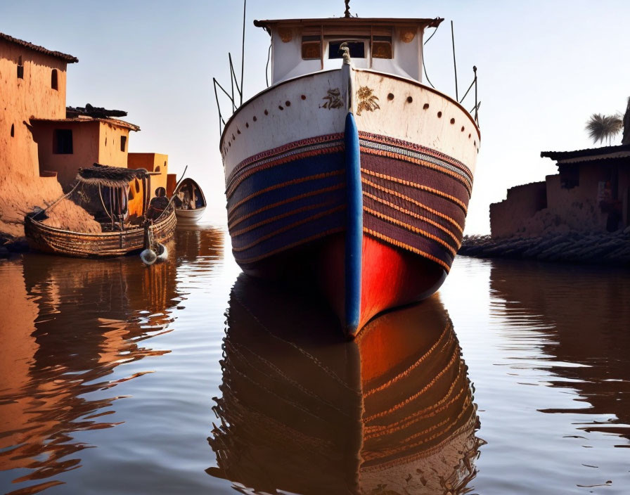 White Boat with Red and Blue Stripes Moored Near Terracotta Buildings