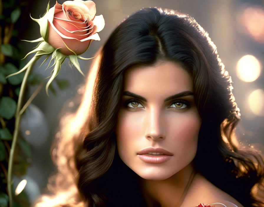 Dark-haired woman portrait near blooming rose in soft glowing background