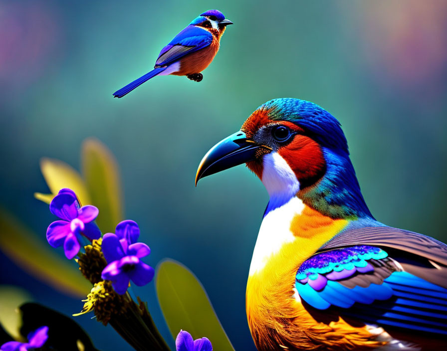 Colorful Rainbow Bird Perched with Blue Bird on Flower