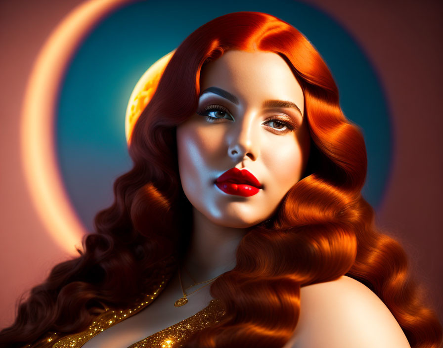 Stylized portrait of a woman with red hair against celestial backdrop