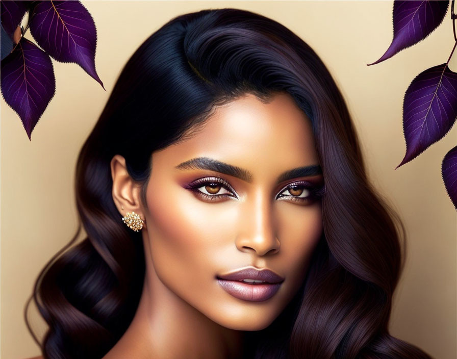 Digital artwork of woman with dark hair, golden earrings, makeup, purple leaf background