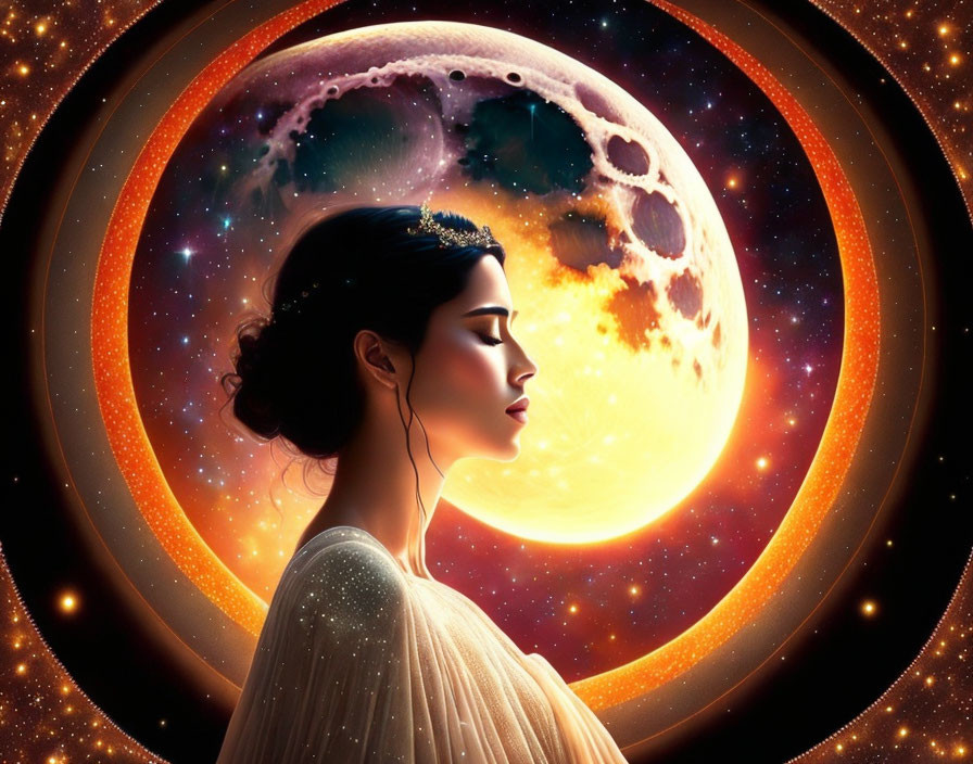 Profile of woman with tiara against cosmic backdrop with moon and nebulous ring