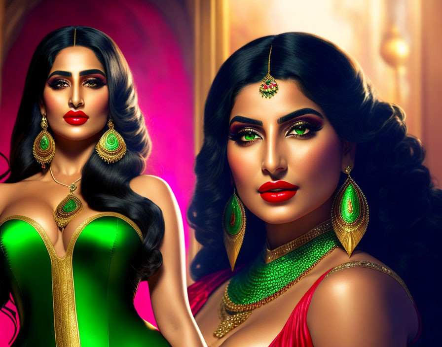 Vibrant digital artwork: Woman with striking makeup and luxurious green and gold jewelry on warm background