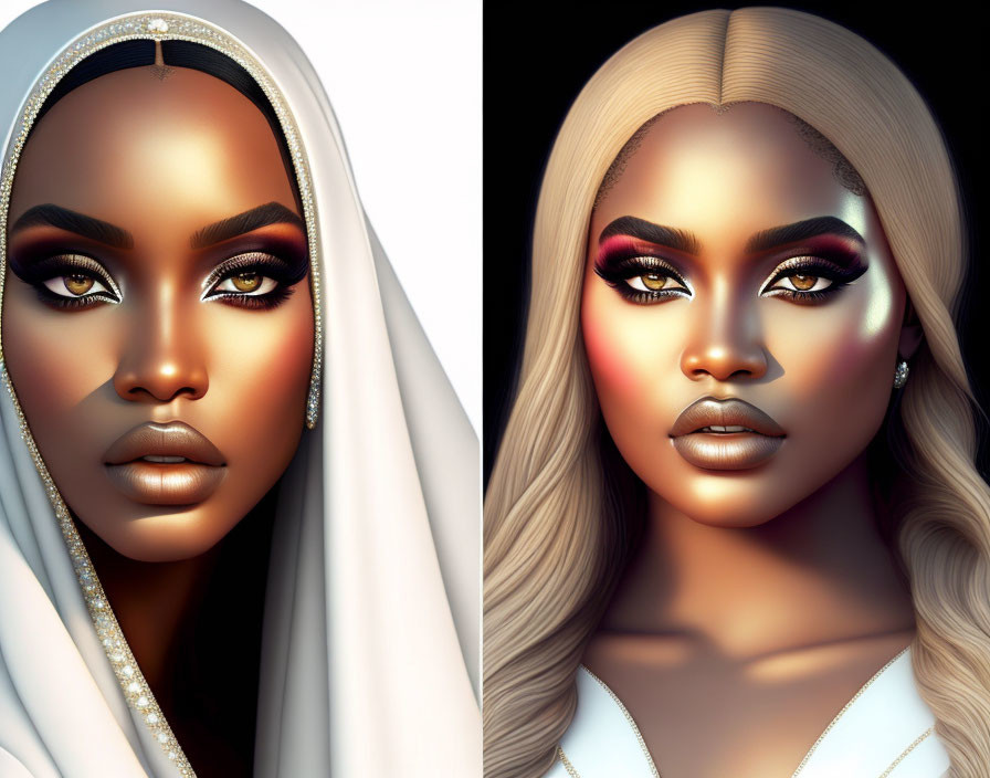 Stylized portraits of a woman with dramatic makeup and headscarves on neutral background