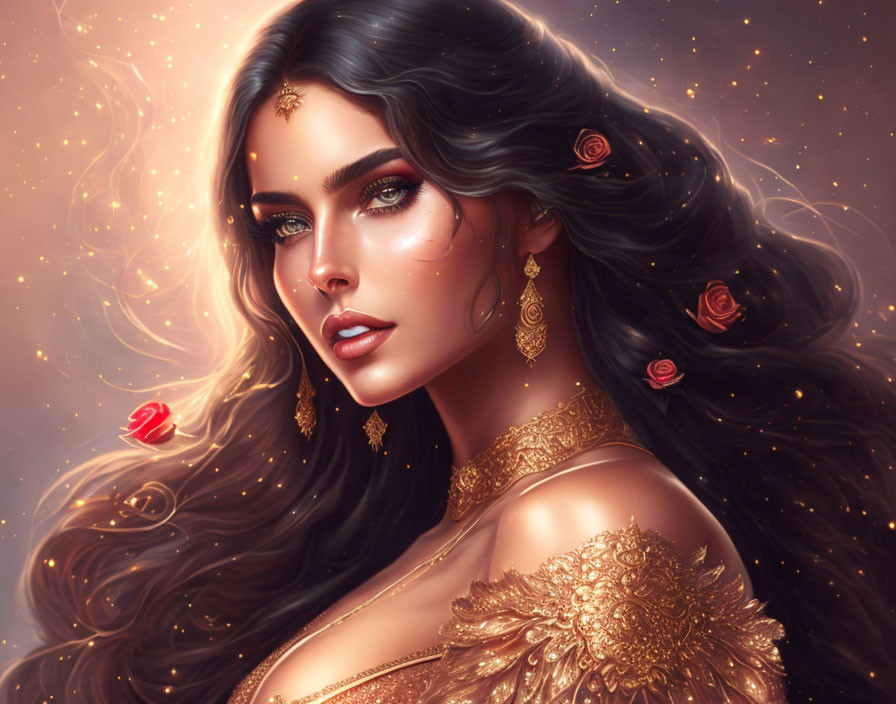 Illustrated portrait of woman with black hair, roses, gold jewelry, and ornate dress against star