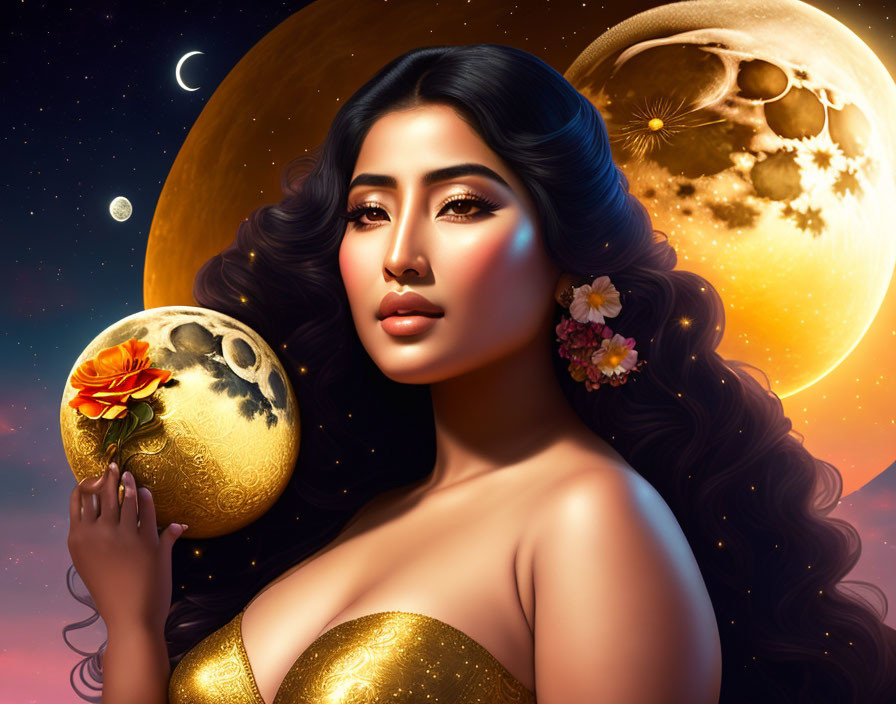 Illustrated woman with black hair holding golden celestial orb in fantastical night sky