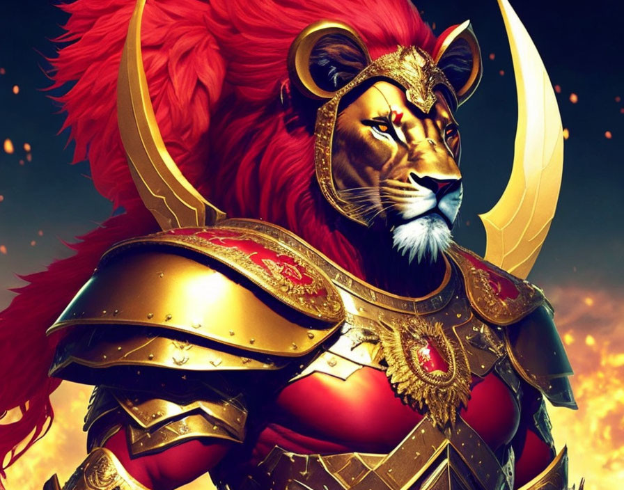 Regal anthropomorphic lion in golden armor with red mane against fiery backdrop