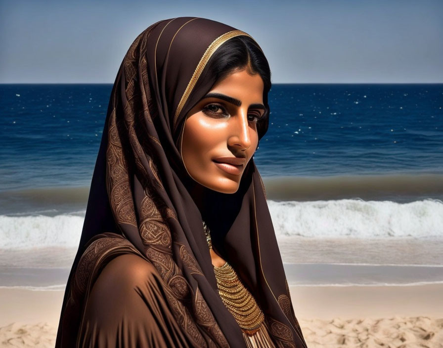 Woman in hijab at beach with sea and sky.