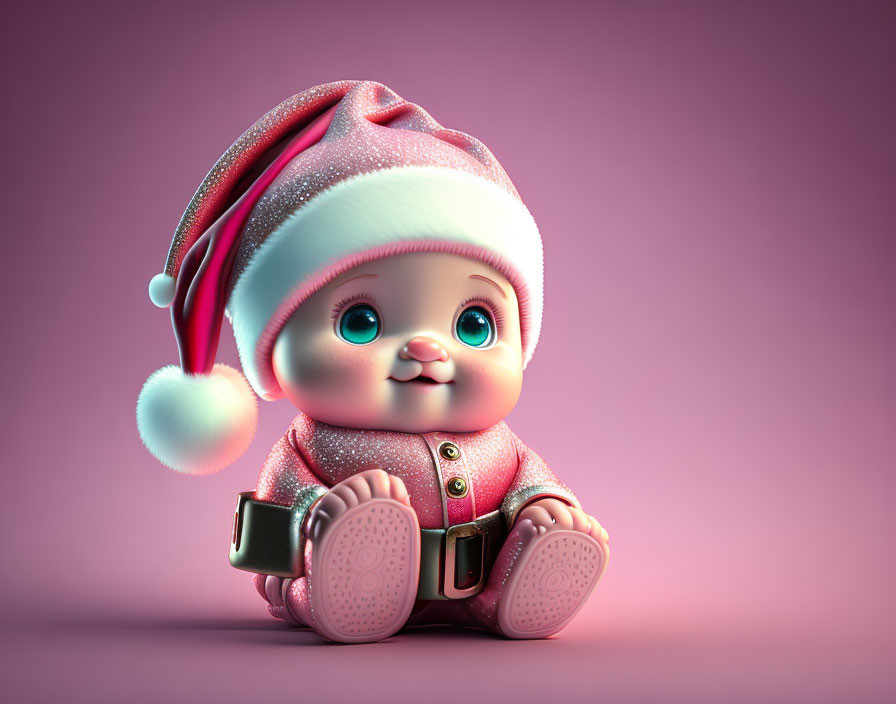 Adorable 3D-rendered baby doll in Santa hat and festive pink outfit