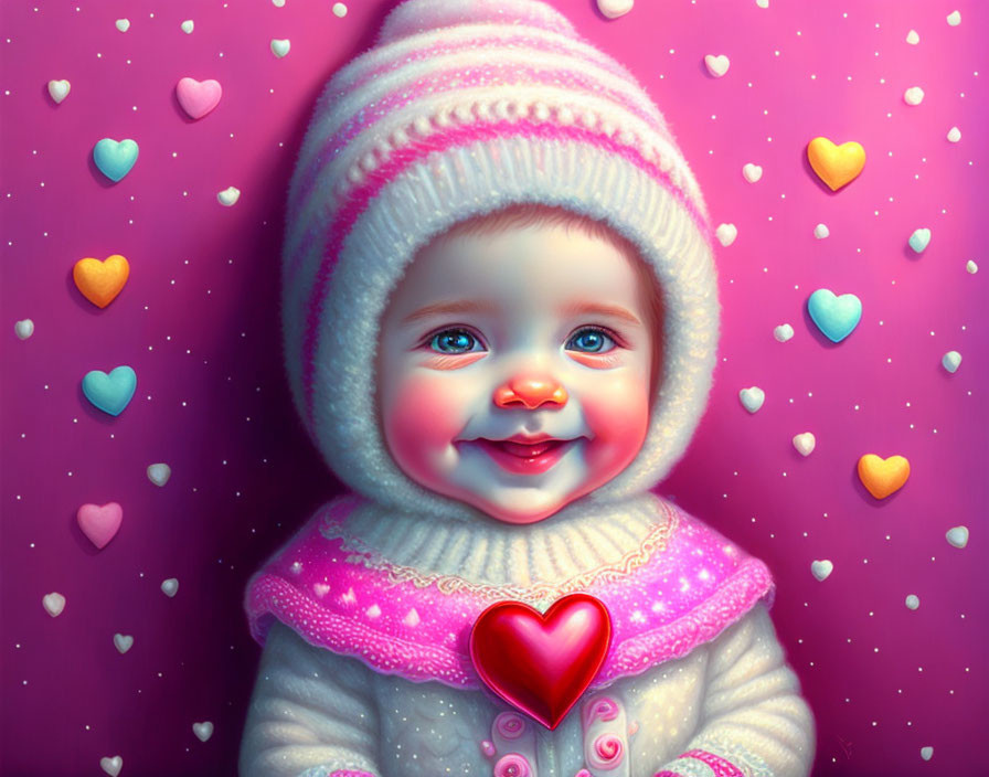 Smiling Baby in Pink Winter Outfit with Blue Eyes