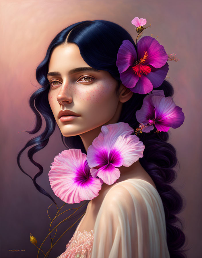 Portrait of Woman with Dark Blue Hair and Pink Hibiscus Flowers on Soft Background