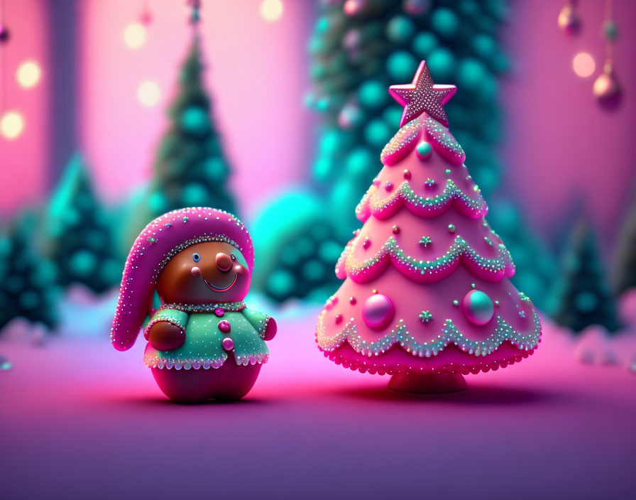 Stylized gingerbread character in festive outfit by Christmas tree on pink backdrop