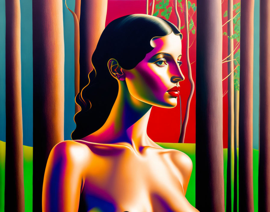 Colorful Stylized Woman Portrait with Abstract Forest Background