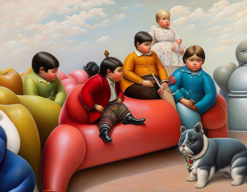 Colorful Stylized Painting: Five Children and Cat on Balloons