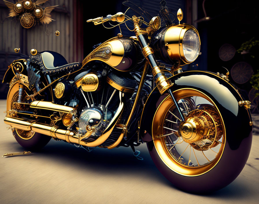 Steampunk-inspired motorcycle with brass details and gear-driven wheels