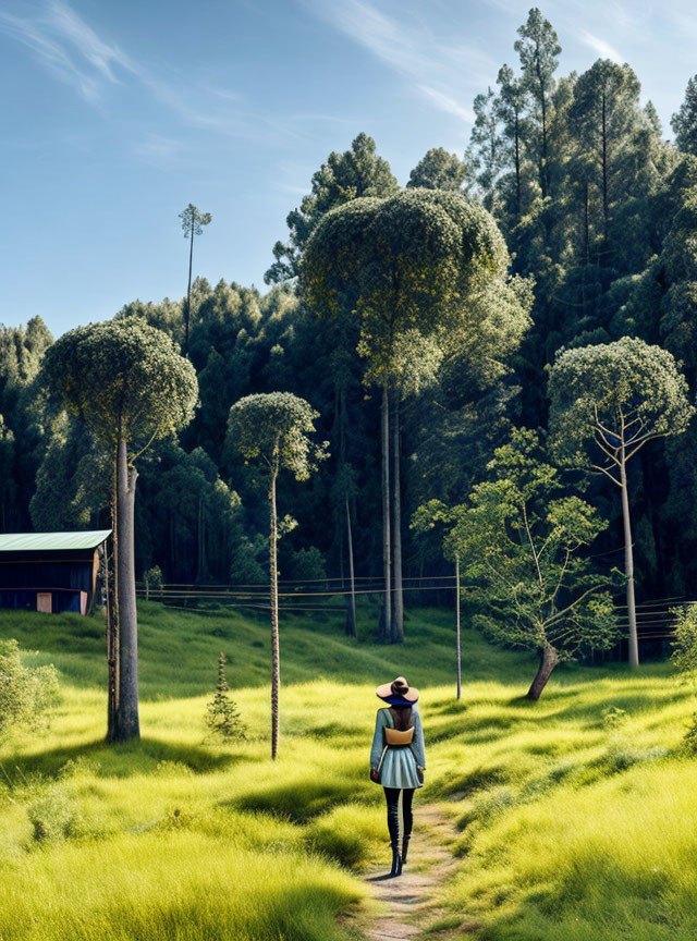 Person in Hat Walking on Sunlit Path through Woods