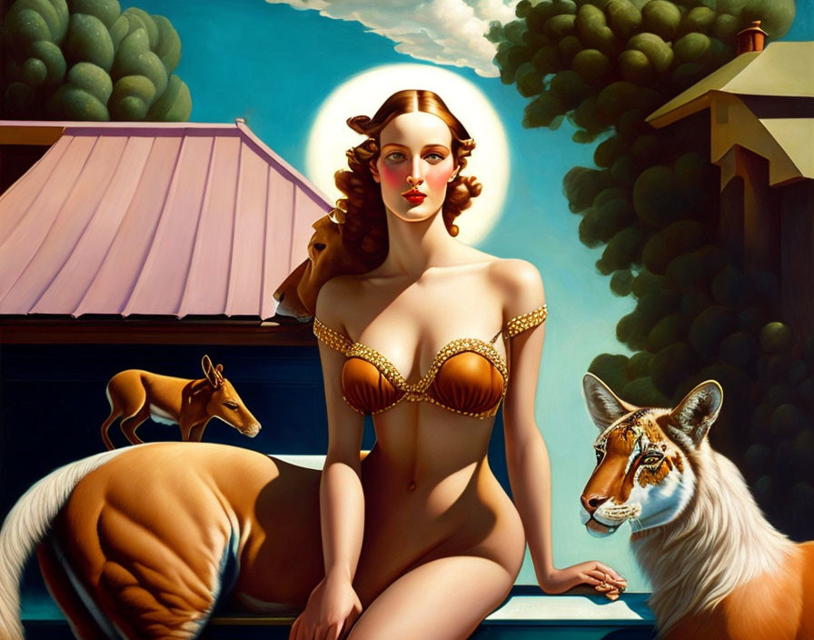 Stylized painting of woman in golden two-piece with surreal backdrop, antelope, and tiger