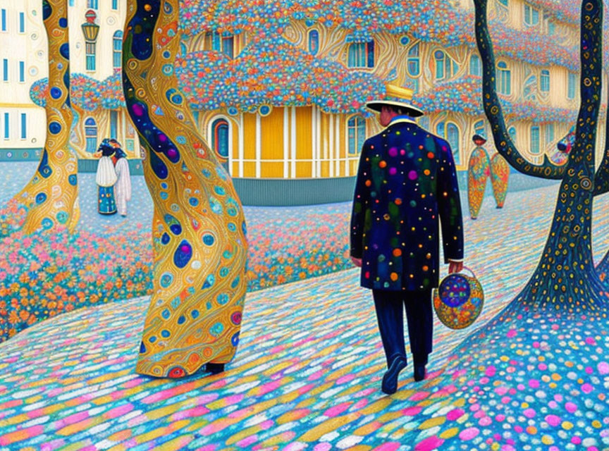 Man with Bowler Hat and Polka-Dotted Umbrella in Colorful Dotted Landscape