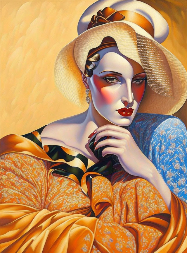 Stylized painting of a woman in large hat and orange dress