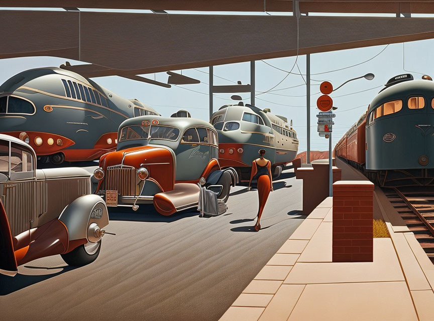 Vintage Cars, Trains, Airplane, and Figure in Retro-Futuristic Transportation Hub