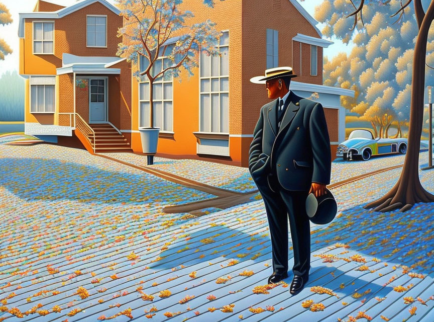 Man in suit on cobblestone street with autumn trees and vintage car.