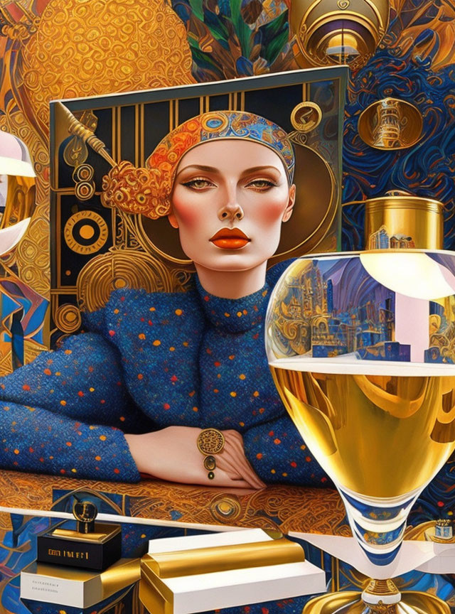 Detailed digital illustration of a woman in ornate setting with golden accents and white wine.