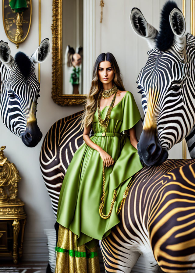 Elegant woman in green dress among zebra busts in luxurious room