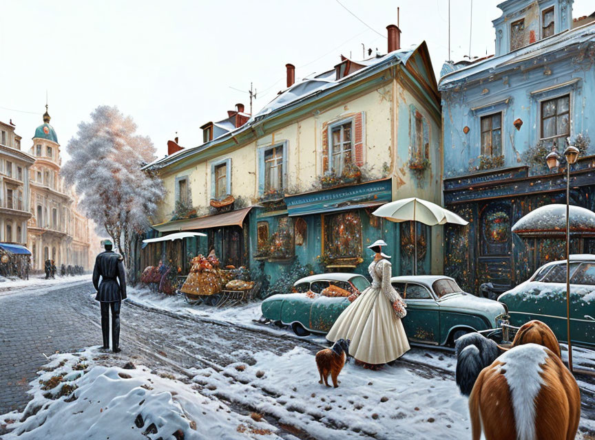 Vintage cars, person in period attire, dogs, and colorful buildings in snowy street scene