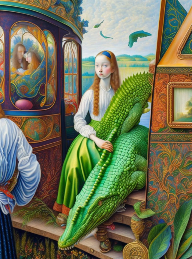 Surreal painting of woman in green dress riding crocodile