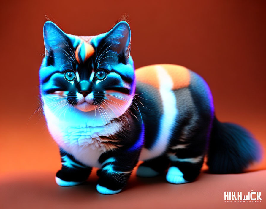 Colorful Stylized Cat Art with Neon Blue and Orange Hues against Red Background