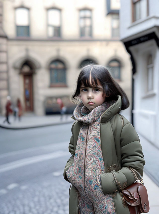 Young girl in green jacket and patterned scarf on city street with blurred background.