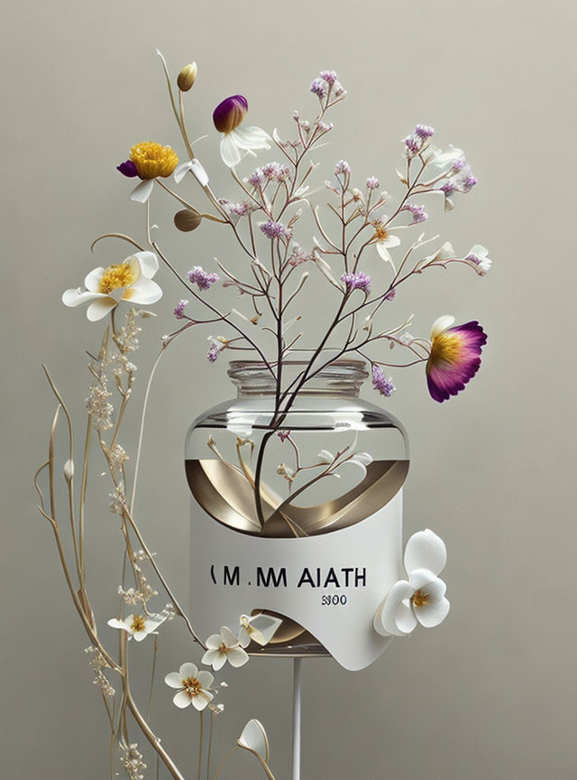 Stylized image of vase with artificial flowers, gold accents, and brand-like label